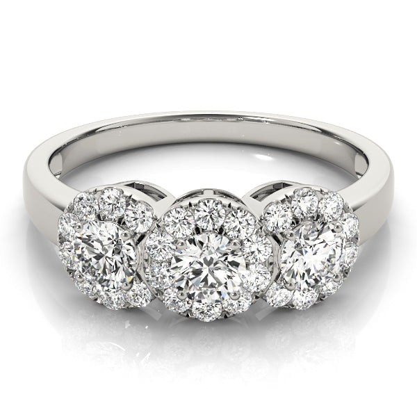 Halo Three Stone Round Diamond Ring in 10K/14K gold and platinum with certified lab-grown or natural diamonds