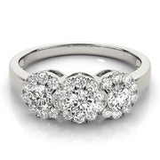 Halo Three Stone Round Diamond Ring in 10K/14K gold and platinum with certified lab-grown or natural diamonds