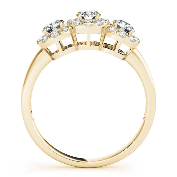 Halo Three Stone Round Diamond Ring in 10K/14K gold and platinum with certified lab-grown or natural diamonds