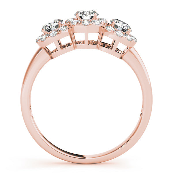 Halo Three Stone Round Diamond Ring in 10K/14K gold and platinum with certified lab-grown or natural diamonds