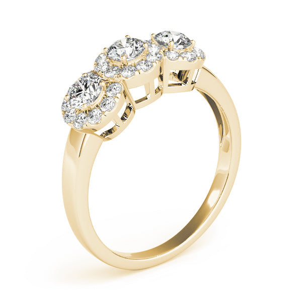 Halo Three Stone Round Diamond Ring in 10K/14K gold and platinum with certified lab-grown or natural diamonds
