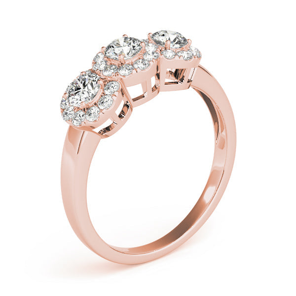 Halo Three Stone Round Diamond Ring in 10K/14K gold and platinum with certified lab-grown or natural diamonds
