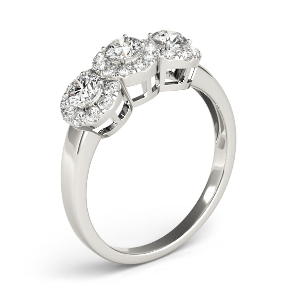 Halo Three Stone Round Diamond Ring in 10K/14K gold and platinum with certified lab-grown or natural diamonds