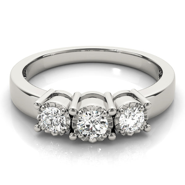 Radiant Three-Stone Round Diamond Engagement Ring in 10K/14K gold and platinum with certified lab-grown or natural diamonds