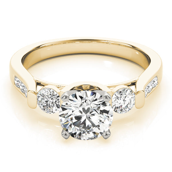 Round Diamond Three Stone Ring with Diamond Shoulders in 10K/14K gold and platinum with certified lab-grown or natural diamonds