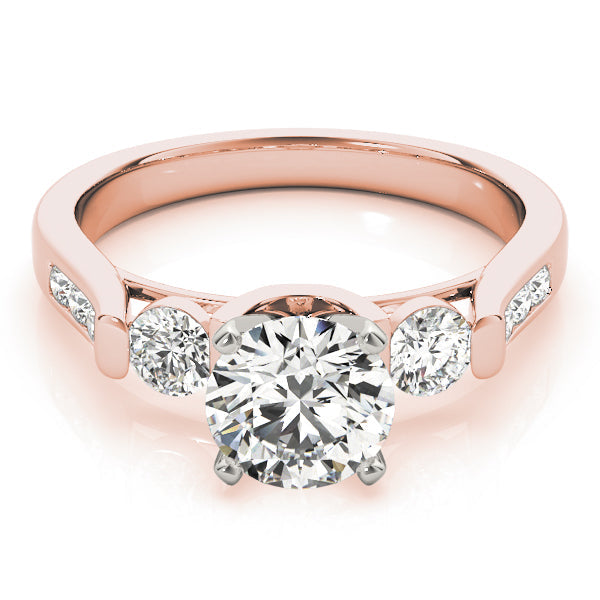 Round Diamond Three Stone Ring with Diamond Shoulders in 10K/14K gold and platinum with certified lab-grown or natural diamonds