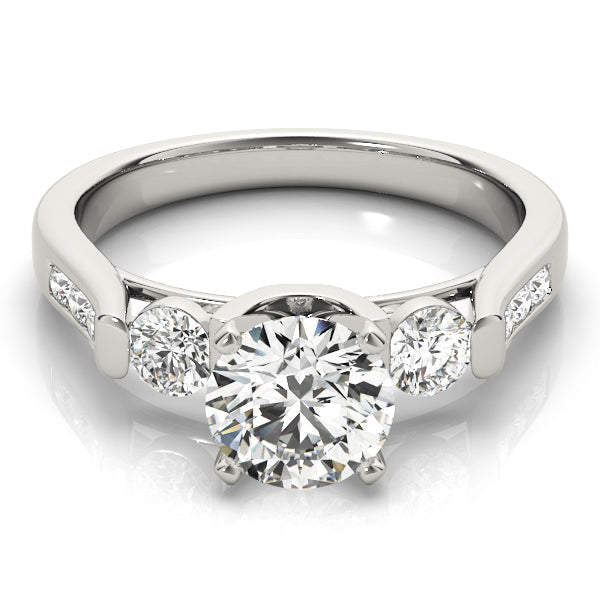 Round Diamond Three Stone Ring with Diamond Shoulders in 10K/14K gold and platinum with certified lab-grown or natural diamonds