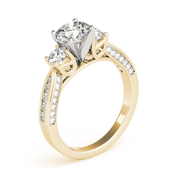 Round Three Stone Diamond Engagement Ring with Split Shank in 10K/14K gold and platinum with certified lab-grown or natural diamonds