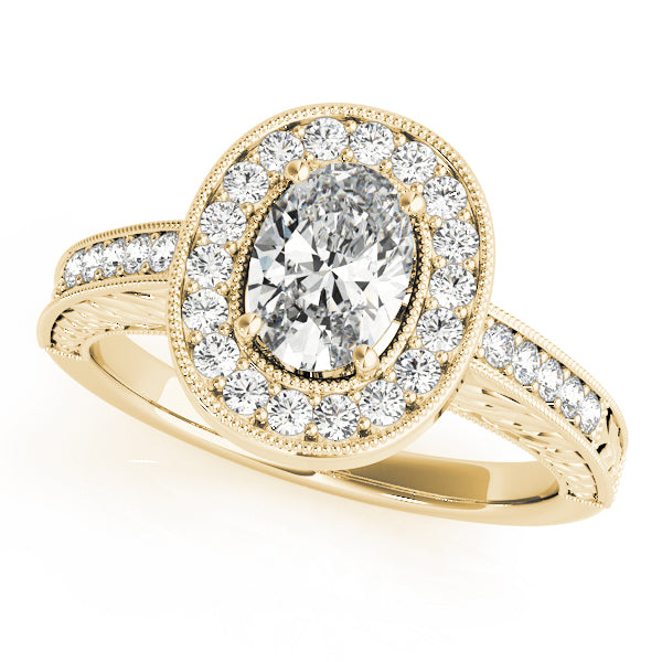 Sophisticated Halo Oval Diamond Engagement Ring in 10K/14K gold and platinum with certified lab-grown or natural diamonds