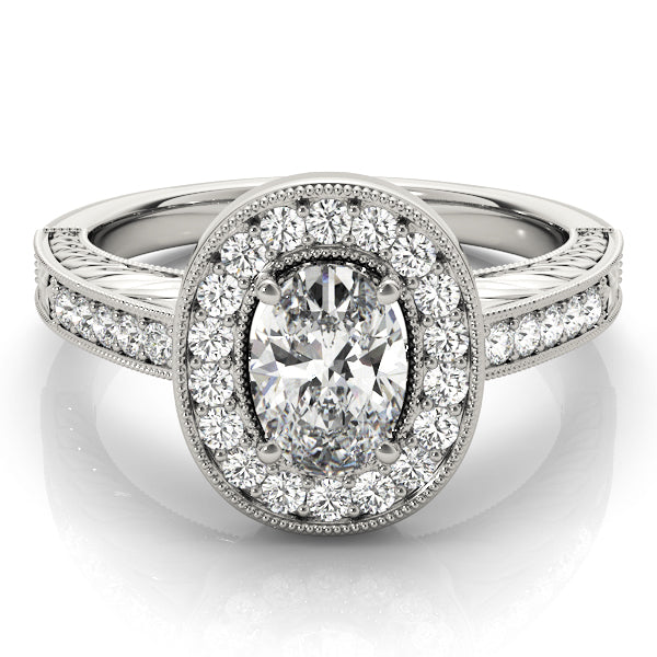 Sophisticated Halo Oval Diamond Engagement Ring in 10K/14K gold and platinum with certified lab-grown or natural diamonds