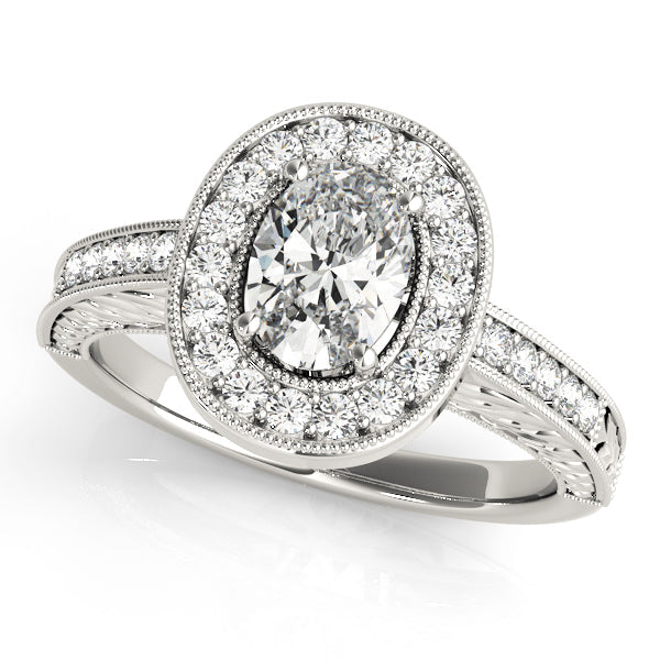 Sophisticated Halo Oval Diamond Engagement Ring in 10K/14K gold and platinum with certified lab-grown or natural diamonds