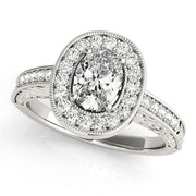 Sophisticated Halo Oval Diamond Engagement Ring in 10K/14K gold and platinum with certified lab-grown or natural diamonds