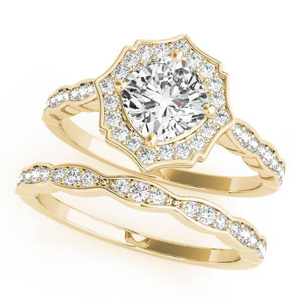 Dazzling Scalloped Halo Ring Cushion Diamond Engagement Ring in 10K/14K gold and platinum with certified lab-grown or natural diamonds