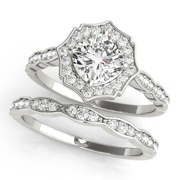 Dazzling Scalloped Halo Ring Cushion Diamond Engagement Ring in 10K/14K gold and platinum with certified lab-grown or natural diamonds