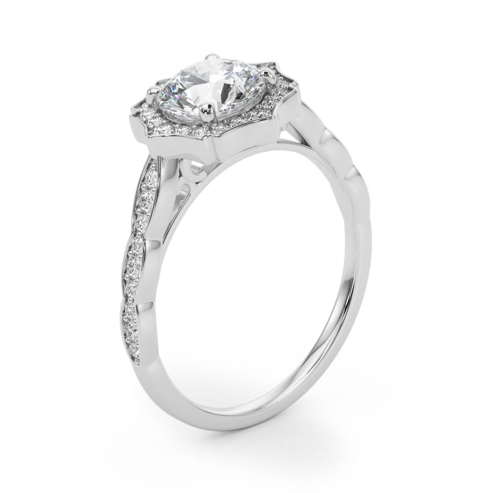 Splendid Scalloped Halo Ring Round Diamond Engagement Ring in 10K/14K gold and platinum with certified lab-grown or natural diamonds