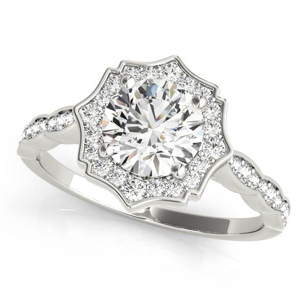 Splendid Scalloped Halo Ring Round Diamond Engagement Ring in 10K/14K gold and platinum with certified lab-grown or natural diamonds