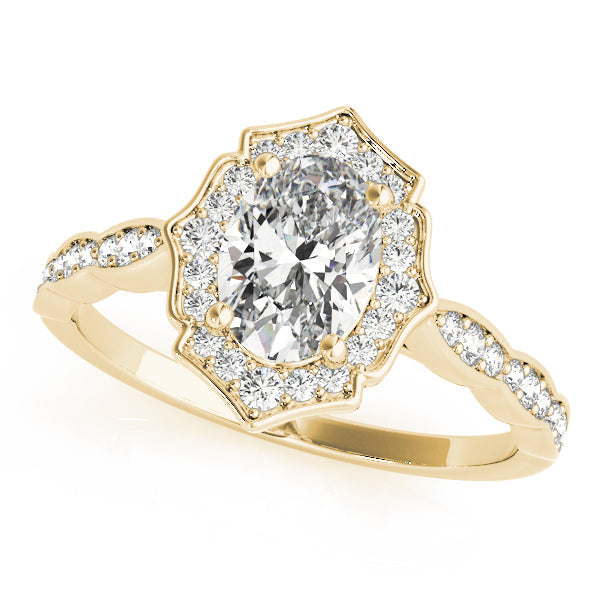 Crowned Scalloped Halo Ring Oval Diamond Engagement Ring in 10K/14K gold and platinum with certified lab-grown or natural diamonds
