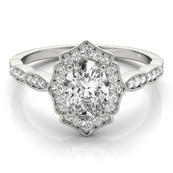 Crowned Scalloped Halo Ring Oval Diamond Engagement Ring in 10K/14K gold and platinum with certified lab-grown or natural diamonds