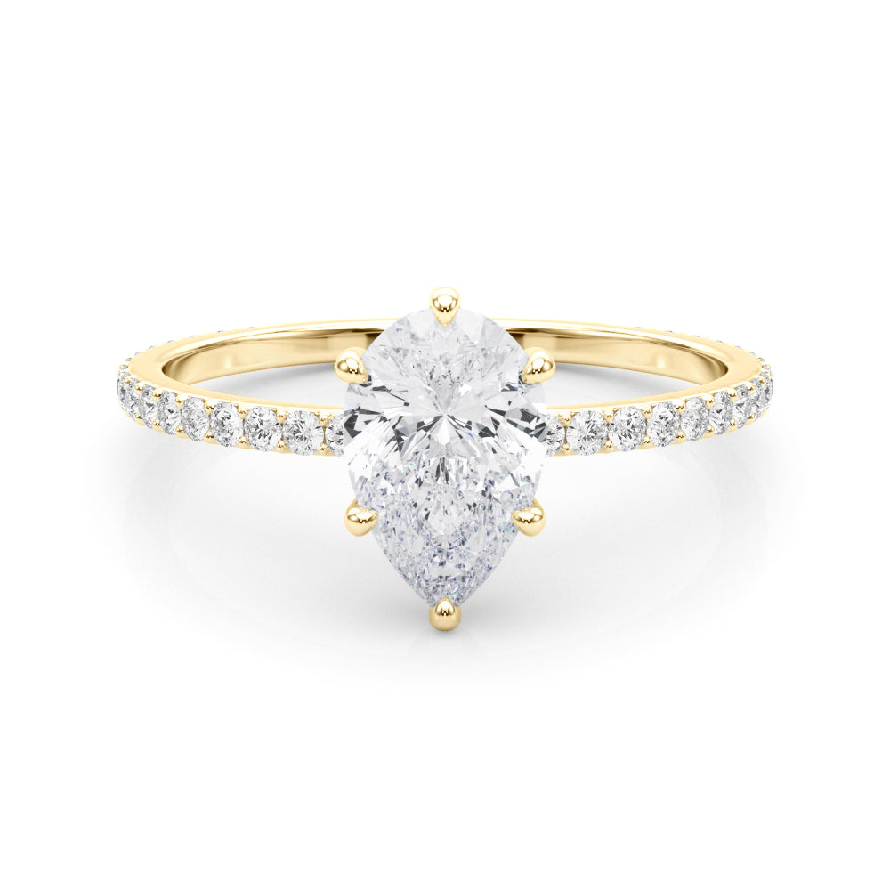 Iconic Hidden Halo Center Single Row Pear Diamond Engagement Ring in 10K/14K gold and platinum with certified lab-grown or natural diamonds