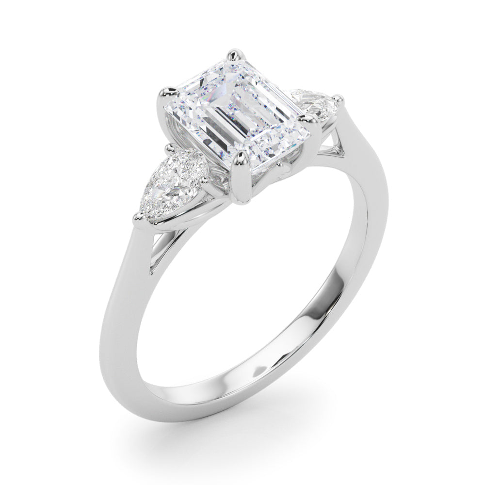 Emerald Cut Three-Stone Diamond Engagement Ring with Pear Side Stones in 10K/14K gold and platinum with certified lab-grown or natural diamonds