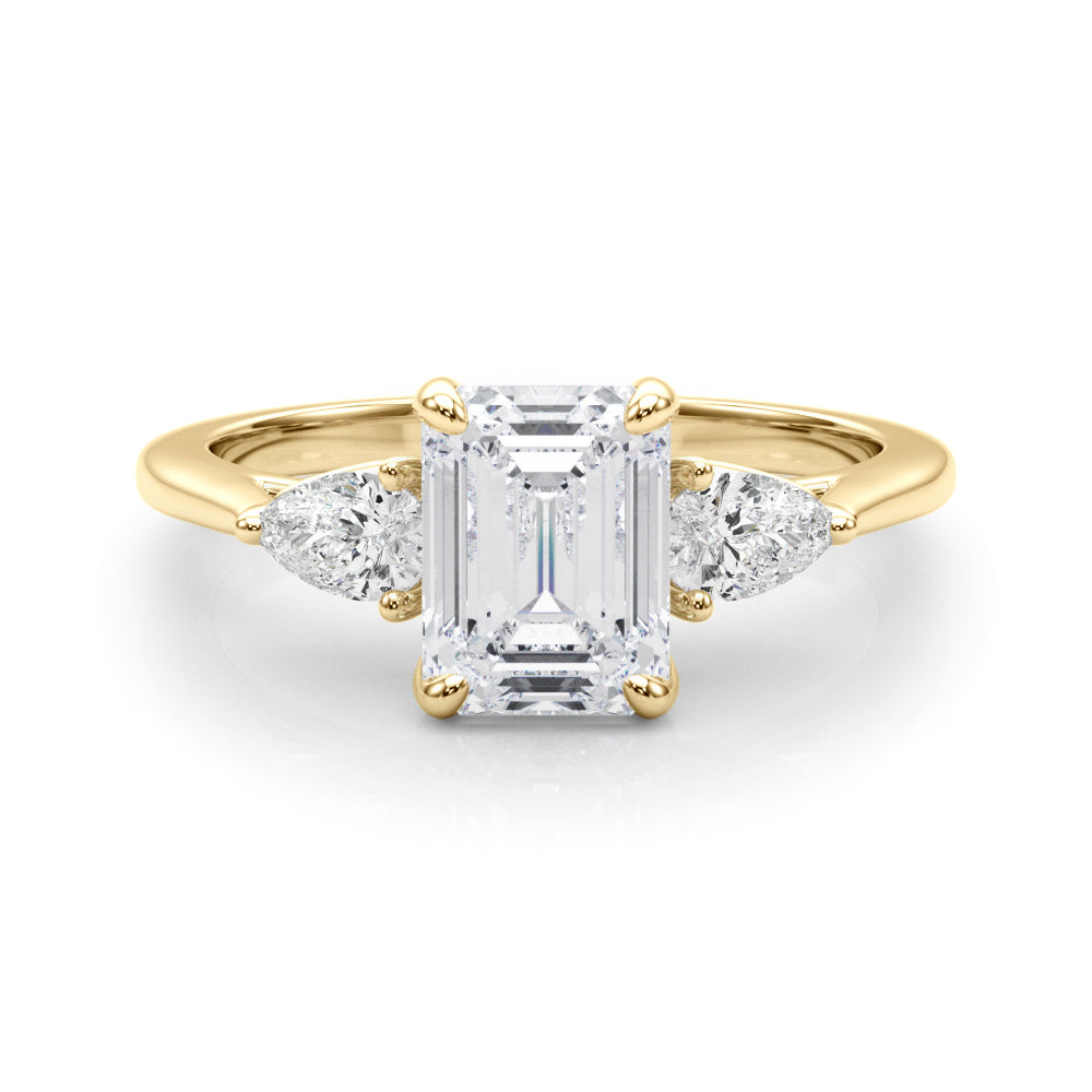 Emerald Cut Three-Stone Diamond Engagement Ring with Pear Side Stones in 10K/14K gold and platinum with certified lab-grown or natural diamonds