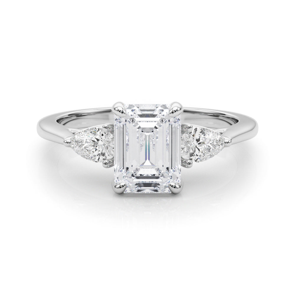 Emerald Cut Three-Stone Diamond Engagement Ring with Pear Side Stones in 10K/14K gold and platinum with certified lab-grown or natural diamonds
