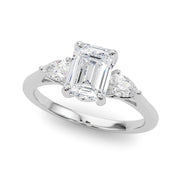 Emerald Cut Three-Stone Diamond Engagement Ring with Pear Side Stones in 10K/14K gold and platinum with certified lab-grown or natural diamonds