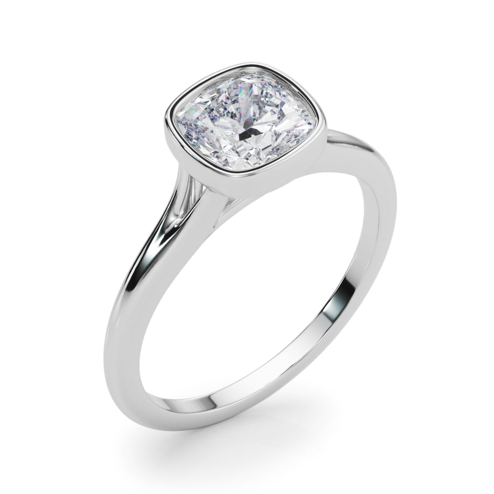 Classic Solitaire Bezel Set Cushion Diamond Engagement Ring in 10K/14K gold and platinum with certified lab-grown or natural diamonds