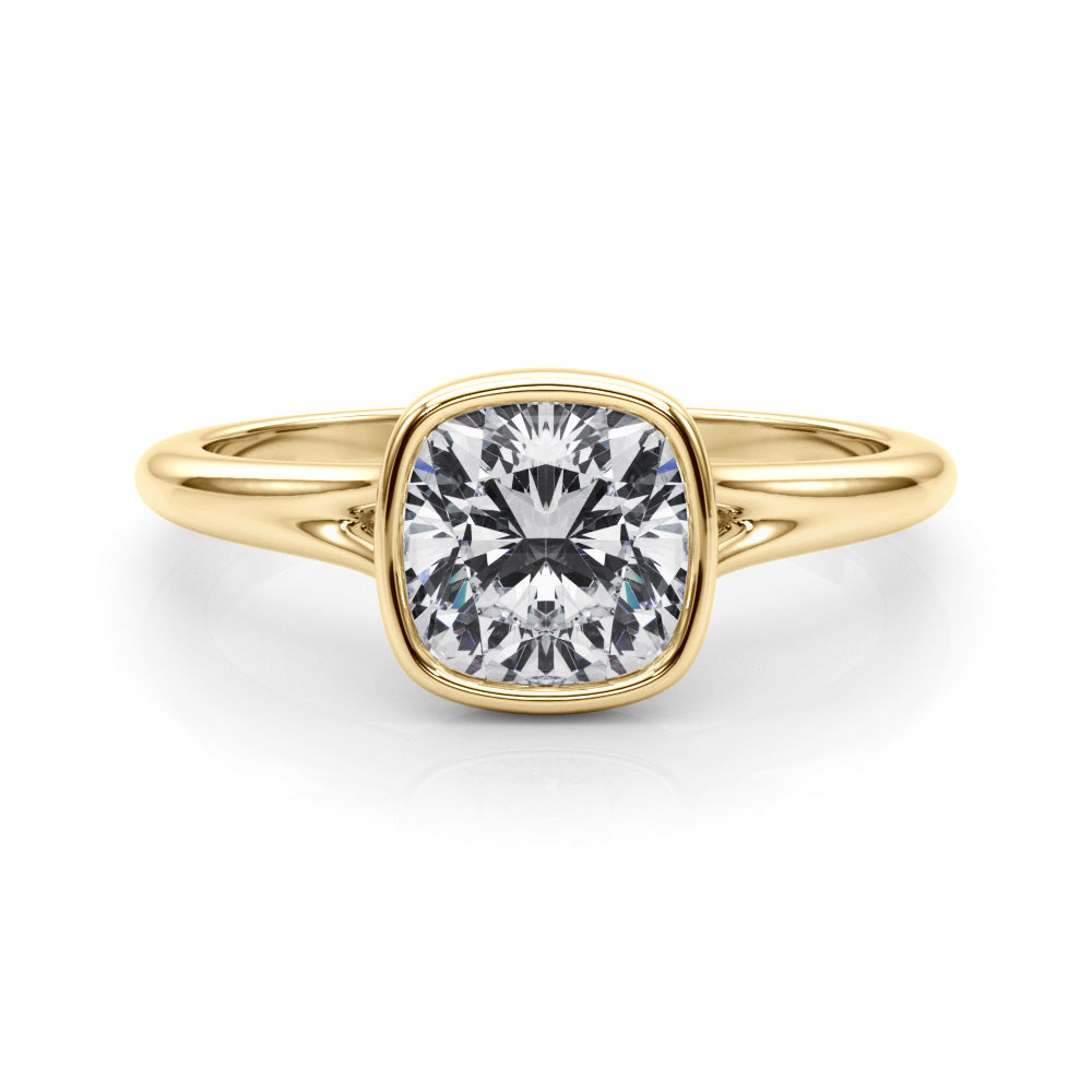 Classic Solitaire Bezel Set Cushion Diamond Engagement Ring in 10K/14K gold and platinum with certified lab-grown or natural diamonds