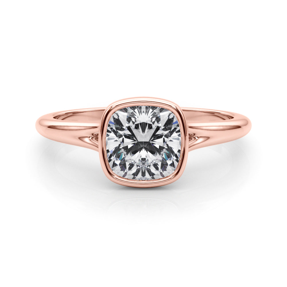 Classic Solitaire Bezel Set Cushion Diamond Engagement Ring in 10K/14K gold and platinum with certified lab-grown or natural diamonds