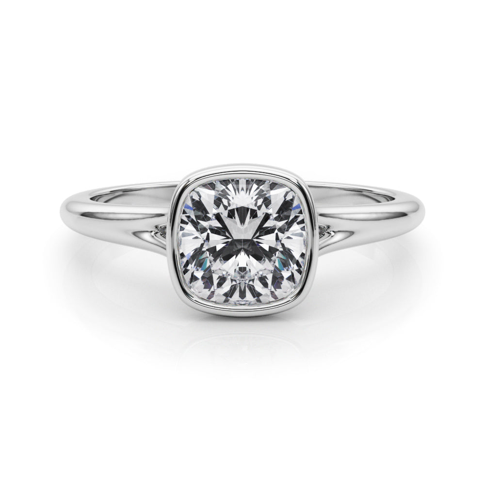 Classic Solitaire Bezel Set Cushion Diamond Engagement Ring in 10K/14K gold and platinum with certified lab-grown or natural diamonds