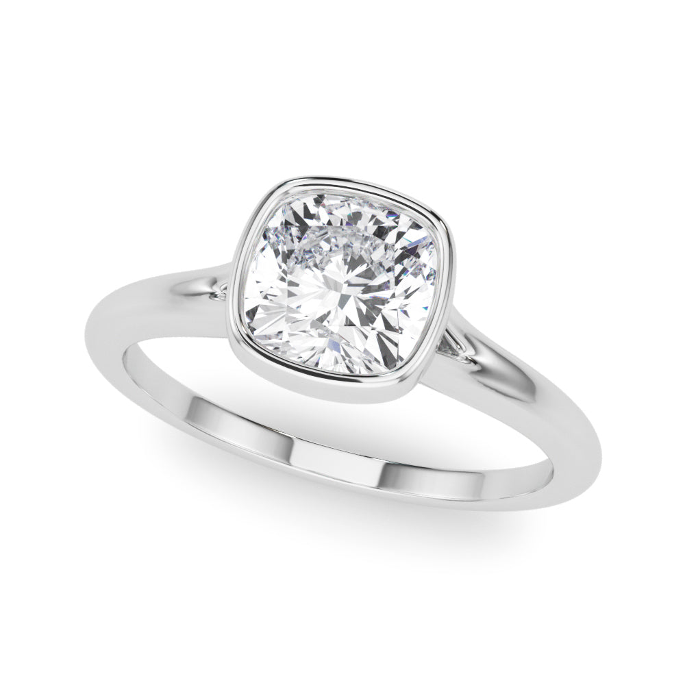 Classic Solitaire Bezel Set Cushion Diamond Engagement Ring in 10K/14K gold and platinum with certified lab-grown or natural diamonds