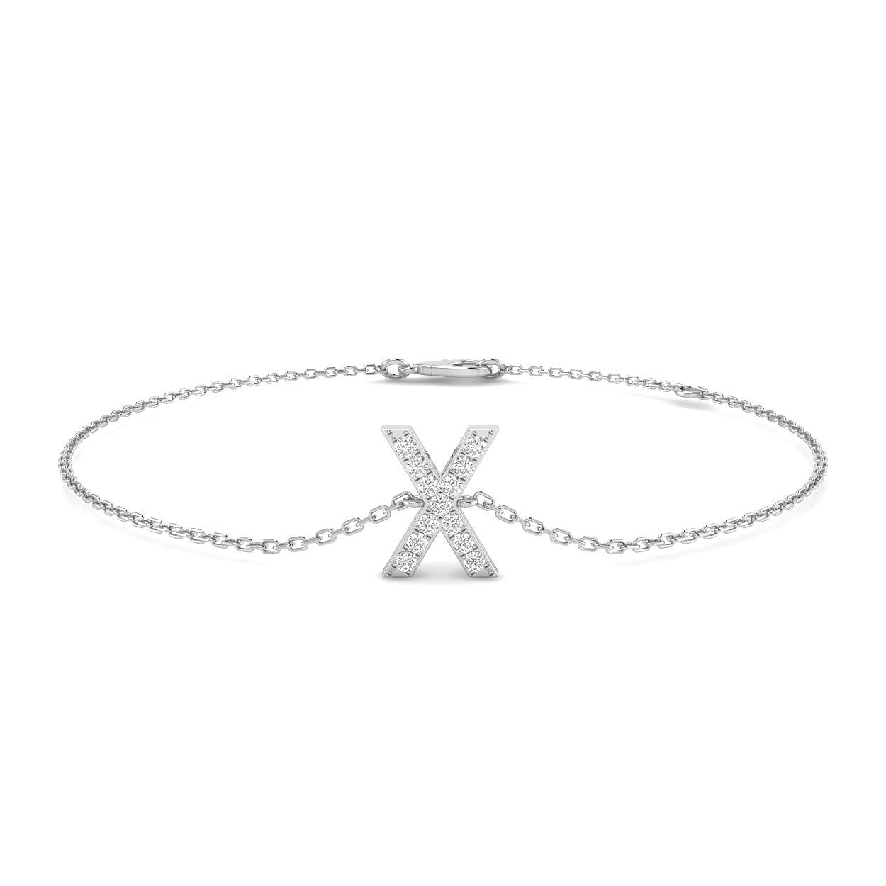 Alphabet X Letter Pave Set Lab Grown Round Diamond Bracelet with Chain in 10K/14K gold and platinum with certified lab-grown or natural diamonds