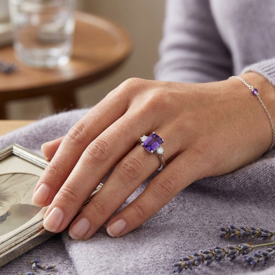 Emerald Cut Amethyst Ring with Diamond Side Stones in 10K/14K gold and platinum with certified lab-grown or natural diamonds