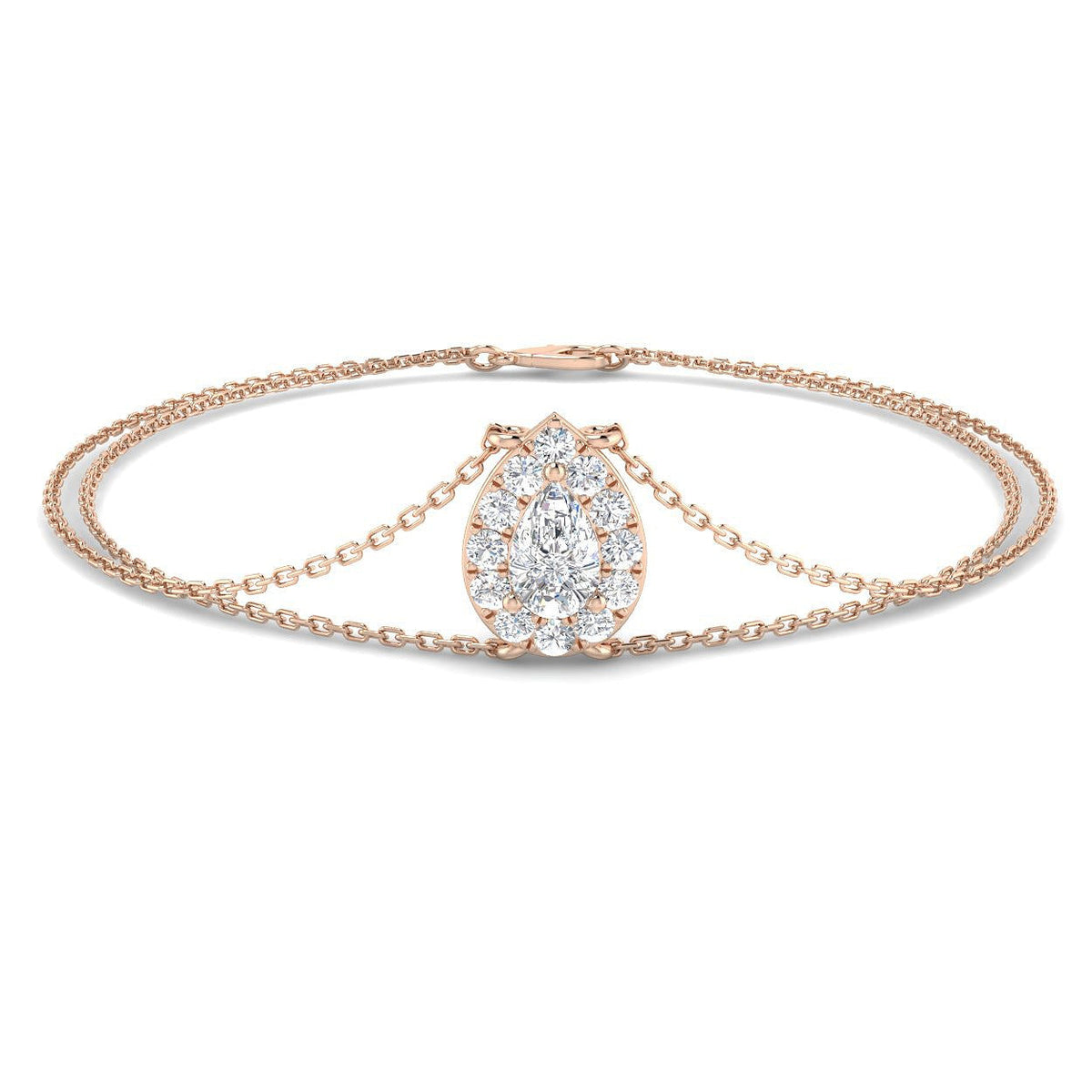 Natural Solitaire Pear Cut Diamond Halo Double Chain Bracelet in Platinum with Lobster Claw in 10K/14K gold and platinum with certified lab-grown or natural diamonds