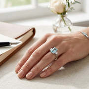 Emerald Cut Aquamarine Ring with Diamond Side Stones in 10K/14K gold and platinum with certified lab-grown or natural diamonds