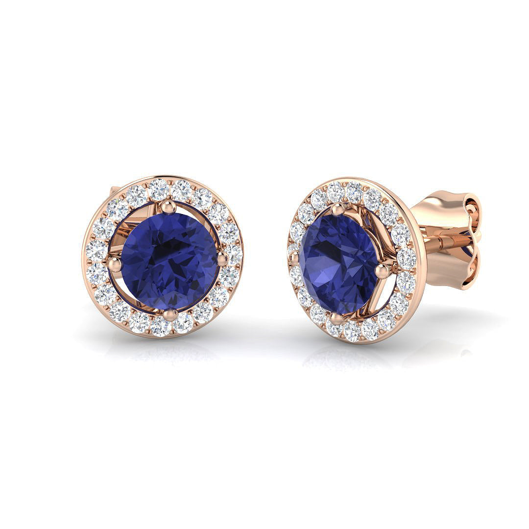 Tanzanite Halo Stud Earrings - Natural Pave Diamonds - Gold & in 10K/14K gold and platinum with certified lab-grown or natural diamonds