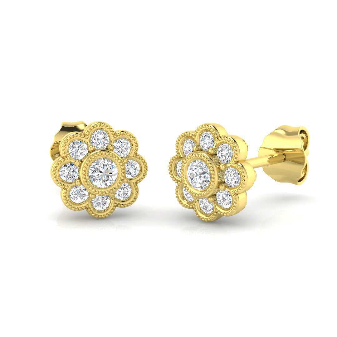 Vintage Diamond Flower Stud Earrings - 0.33ct in 10K/14K gold and platinum with certified lab-grown or natural diamonds