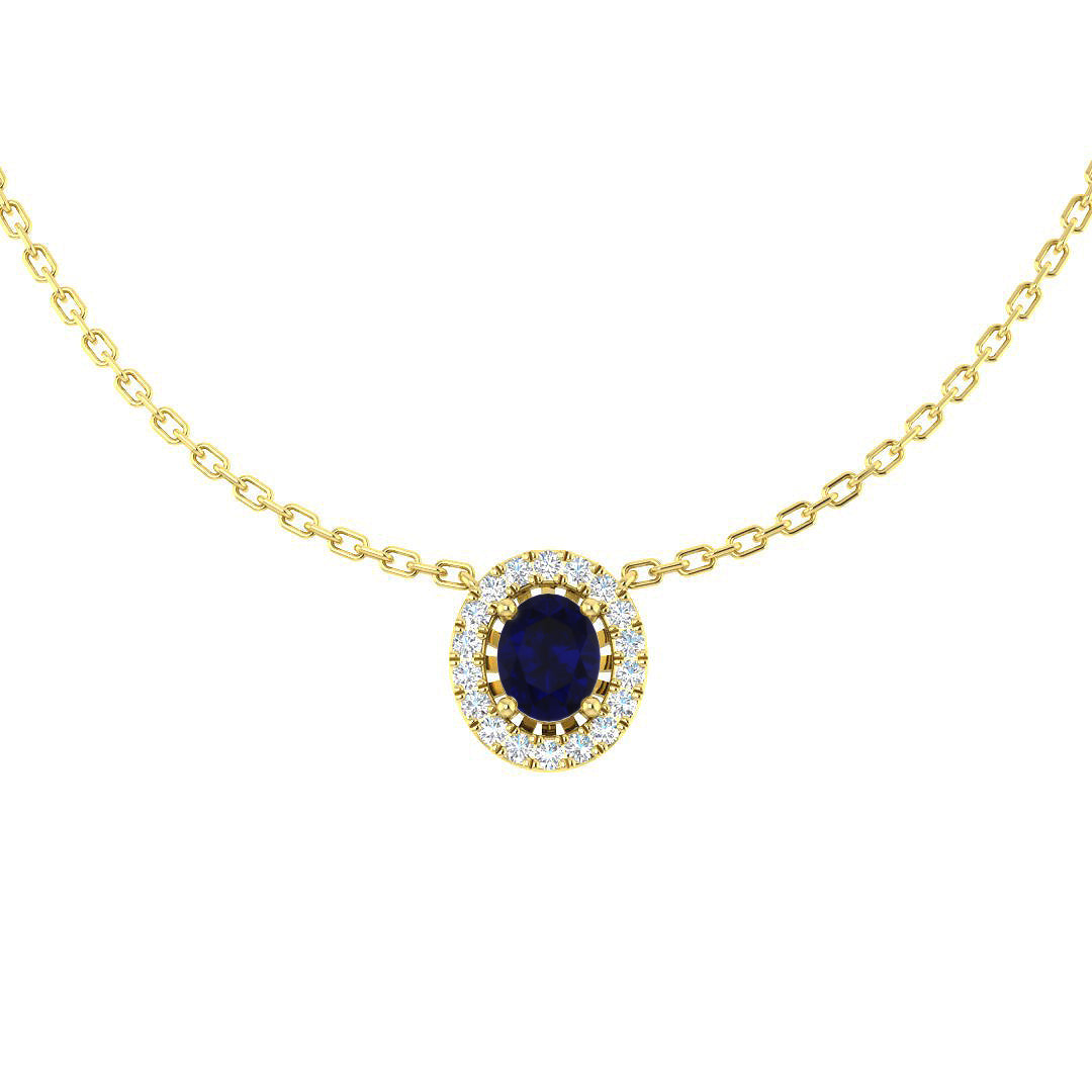 Blue Sapphire Pendant Necklace with Diamond Halo in 10K/14K gold and platinum with certified lab-grown or natural diamonds