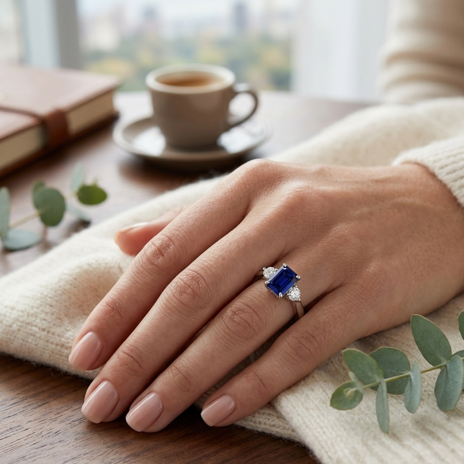 Emerald Cut Blue Sapphire Ring with Diamond Side Stones Trilogy Design in 10K/14K gold and platinum with certified lab-grown or natural diamonds