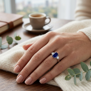 Emerald Cut Blue Sapphire Ring with Diamond Side Stones Trilogy Design in 10K/14K gold and platinum with certified lab-grown or natural diamonds