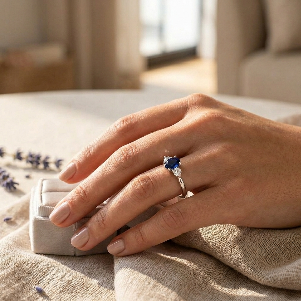 Oval Blue Sapphire Ring with Natural Diamond Side Stones Trilogy Ring in 10K/14K gold and platinum with certified lab-grown or natural diamonds