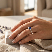 Oval Blue Sapphire Ring with Natural Diamond Side Stones Trilogy Ring in 10K/14K gold and platinum with certified lab-grown or natural diamonds
