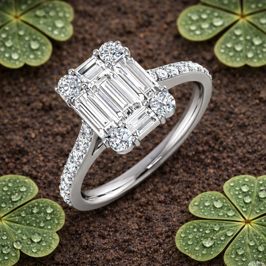 Baguette & Round Cut Diamond Cluster Engagement Ring in 10K/14K gold and platinum with certified lab-grown or natural diamonds