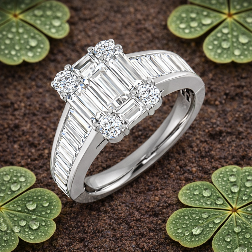 Baguette & Round Diamond Cluster Engagement Ring in 10K/14K gold and platinum with certified lab-grown or natural diamonds