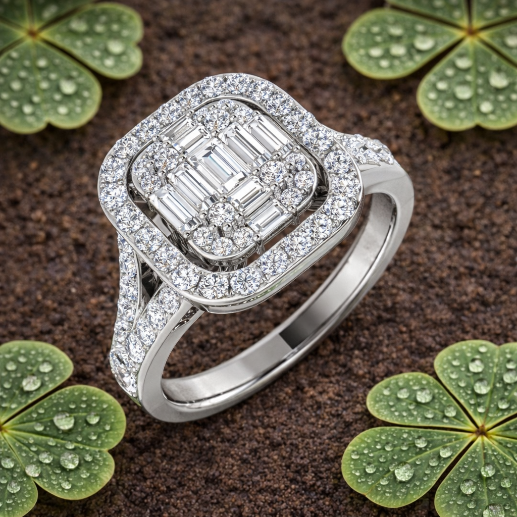 1.00 Ct Baguette & Round Diamond Double Halo Style Engagement Ring in 10K/14K gold and platinum with certified lab-grown or natural diamonds