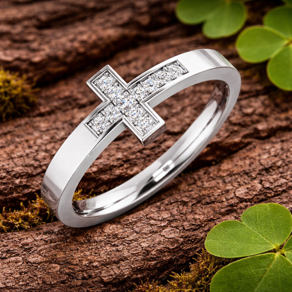 Diamond Cross Ring in 10K/14K gold and platinum with certified lab-grown or natural diamonds