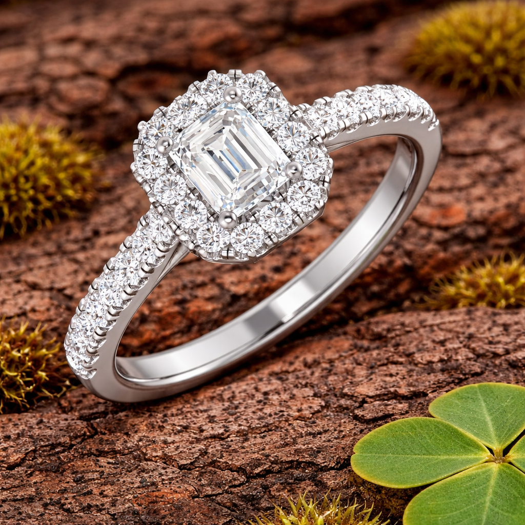 Diamond Emerald Cut Halo Ring in 10K/14K gold and platinum with certified lab-grown or natural diamonds