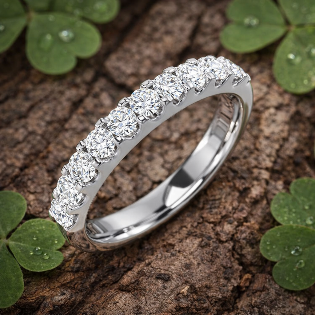 Round Cut Diamond Half Eternity Ring in 10K/14K gold and platinum with certified lab-grown or natural diamonds