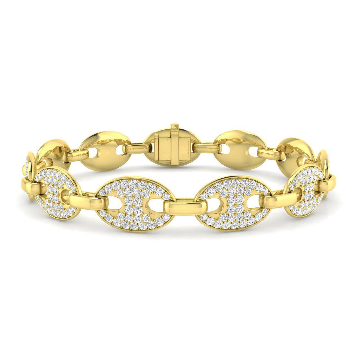 Natural Diamond Puff Link Bracelet with Pave Set Oval Links & Box Clasp in 10K/14K gold and platinum with certified lab-grown or natural diamonds